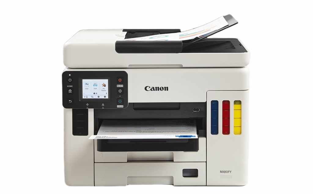 Canon MAXIFY multifunction printer with control panel, document feeder and visible cyan, magenta and yellow ink tanks