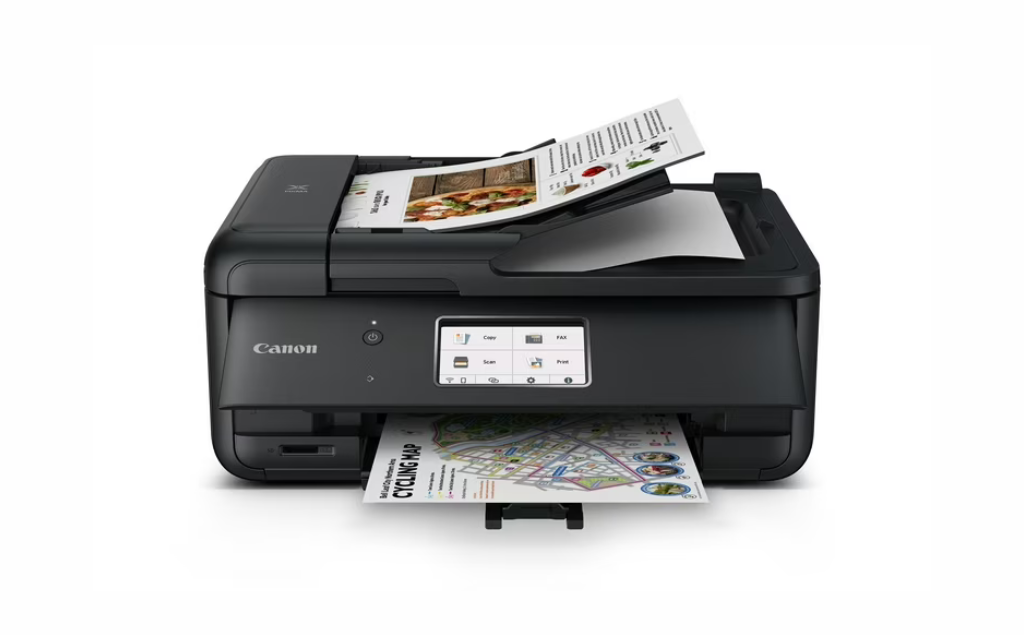 Canon PIXMA TR8620 all-in-one printer with touchscreen printing a colour map document
