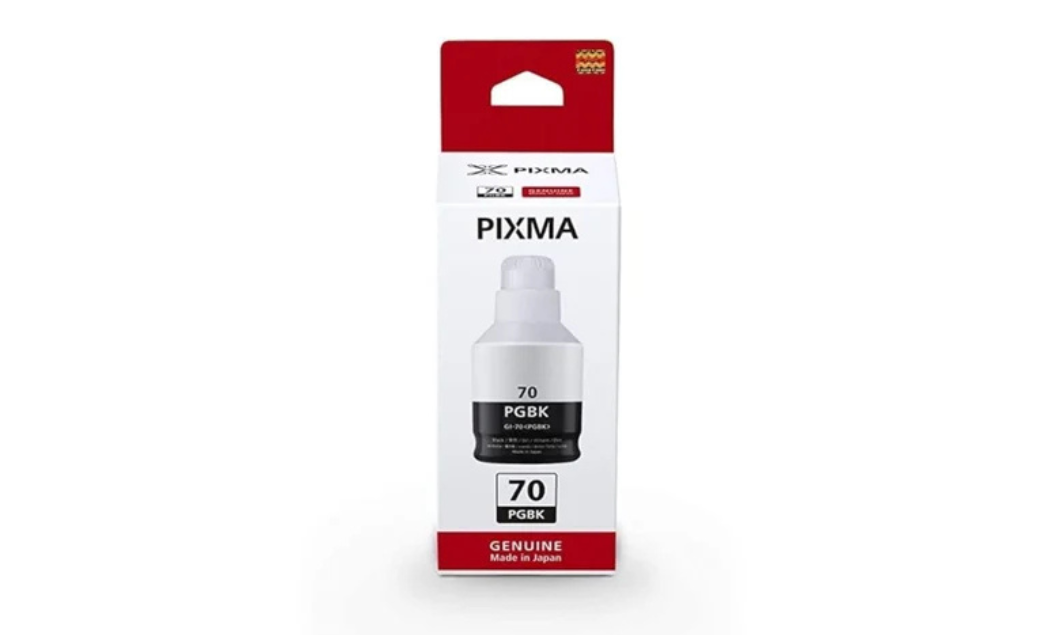 Canon PIXMA GI-70 PGBK black ink bottle box on a white background