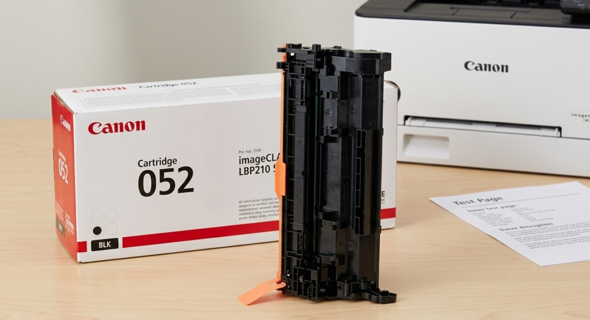 Canon Cartridge 052 black toner box beside the cartridge and a printed test page, with a Canon printer in the background