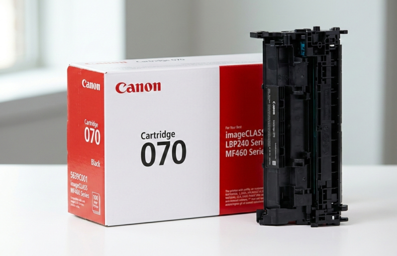 Canon Cartridge 070 black toner box beside the cartridge for imageCLASS LBP240 and MF460 series printers