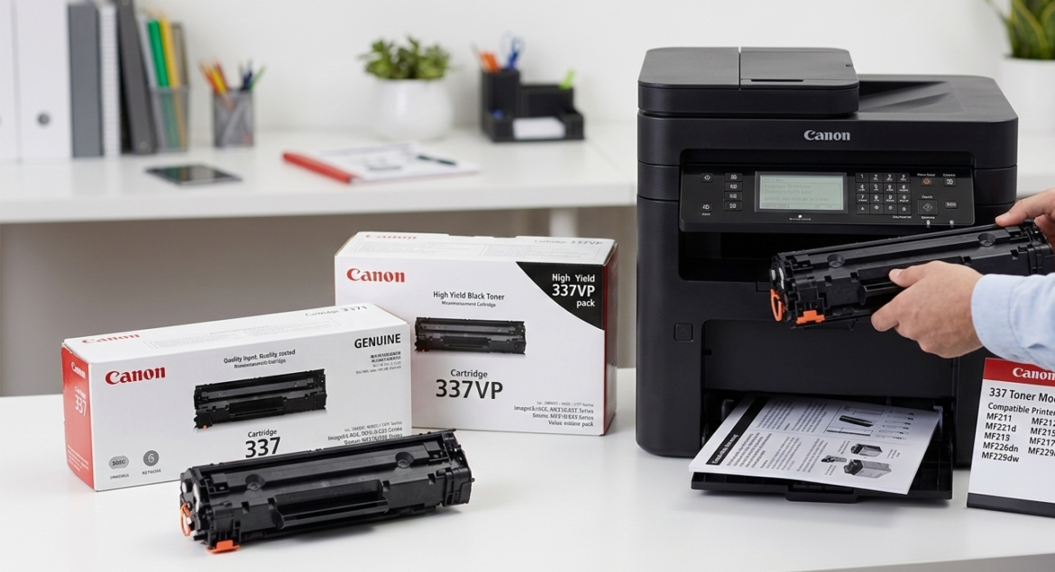 Canon Cartridge 337 and 337VP toner boxes on a desk while a person installs a cartridge into a Canon MF200 series printer
