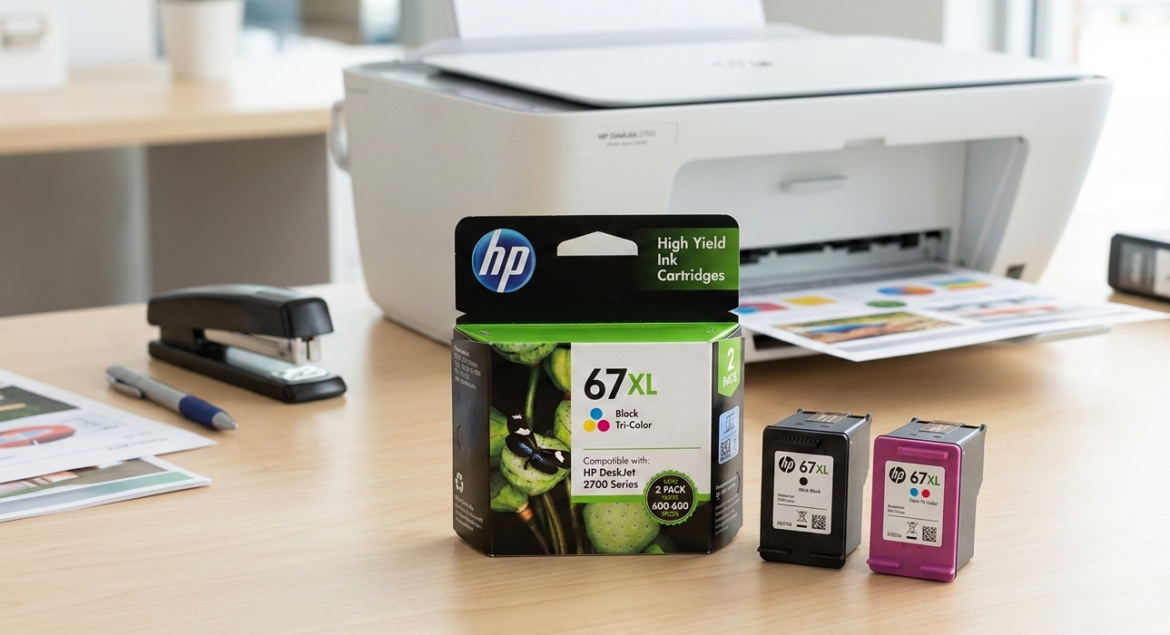 HP 67XL black and tri-color ink cartridge 2 pack beside an HP DeskJet 2700 printer on a desk