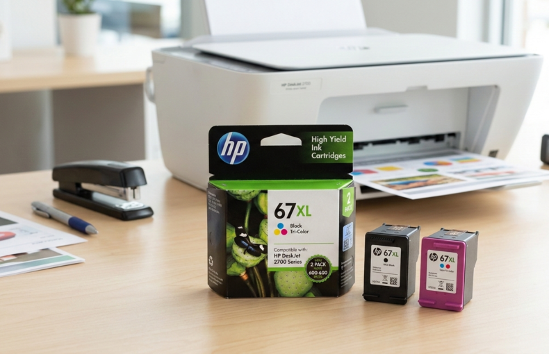 HP 67XL black and tri-color ink cartridge 2 pack beside an HP DeskJet 2700 printer on a desk