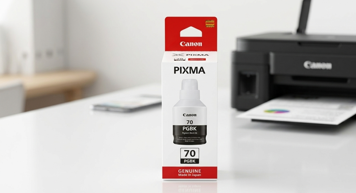 Canon PIXMA GI-70 PGBK black ink bottle box on a desk with a Canon printer in the background