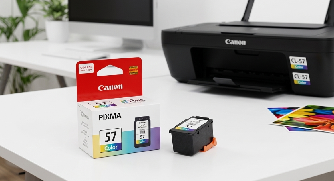 Canon PIXMA CL-57 color ink cartridge and box on a desk beside a Canon printer with printed colour photos