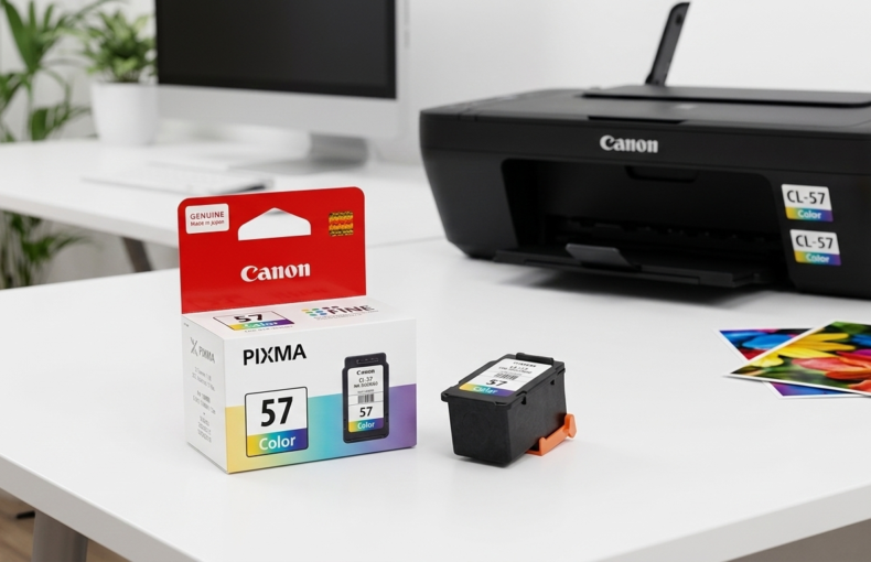 Canon PIXMA CL-57 color ink cartridge and box on a desk beside a Canon printer with printed colour photos