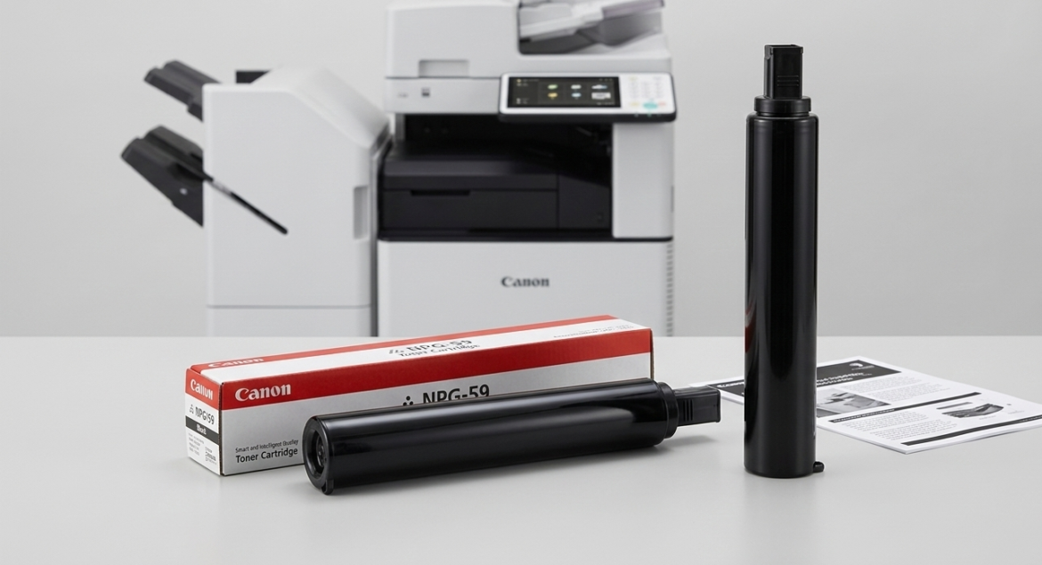 Canon NPG-59 toner cartridge and box on a desk in front of a Canon multifunction printer