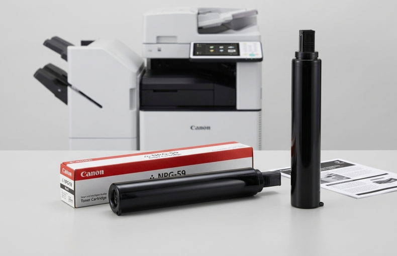 Canon NPG-59 toner cartridge and box on a desk in front of a Canon multifunction printer