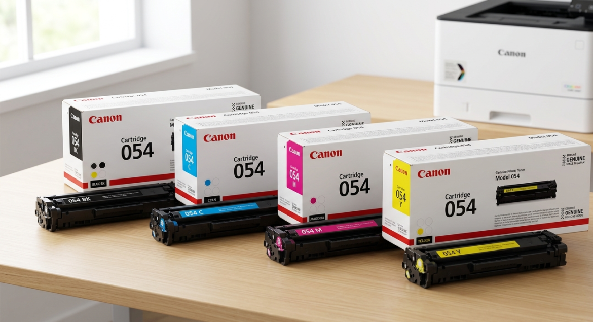 Canon Cartridge 054 set in black, cyan, magenta and yellow displayed on a desk with a Canon printer