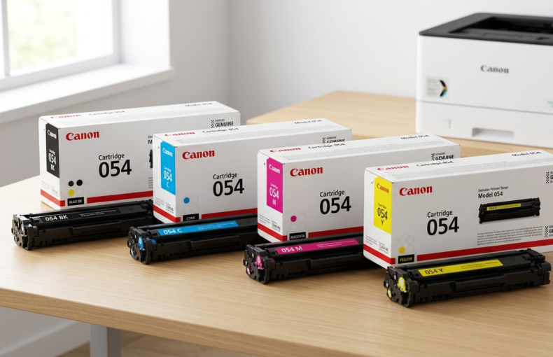 Canon Cartridge 054 set in black, cyan, magenta and yellow displayed on a desk with a Canon printer