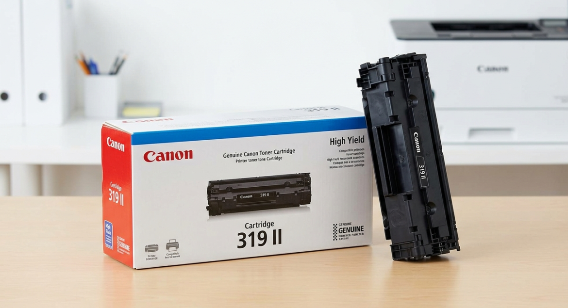 Canon Cartridge 319 II high yield toner box with the cartridge standing beside it on a desk