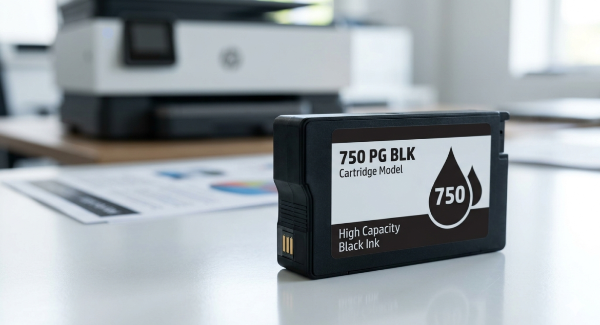 Cartridge Model 750 PG BLK high capacity black ink cartridge on a desk with a printer in the background