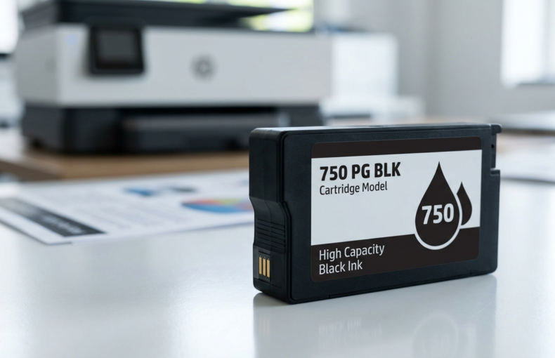 Cartridge Model 750 PG BLK high capacity black ink cartridge on a desk with a printer in the background