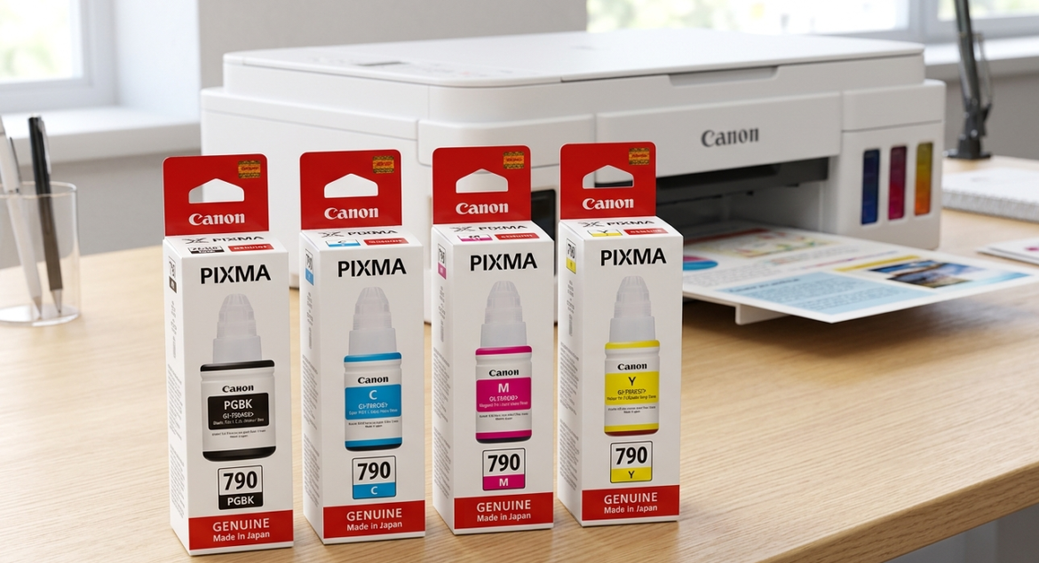 Canon PIXMA GI-790 ink bottles in PGBK, cyan, magenta and yellow beside a Canon PIXMA printer on a desk