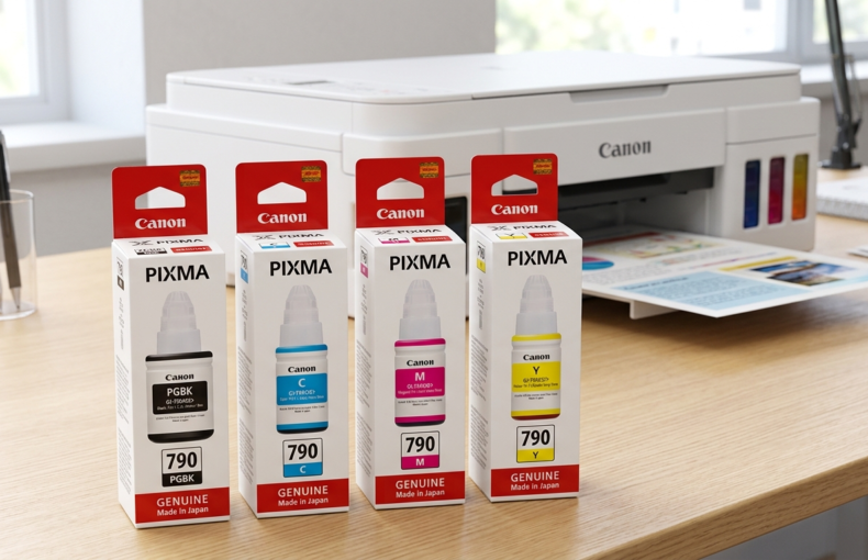 Canon PIXMA GI-790 ink bottles in PGBK, cyan, magenta and yellow beside a Canon PIXMA printer on a desk