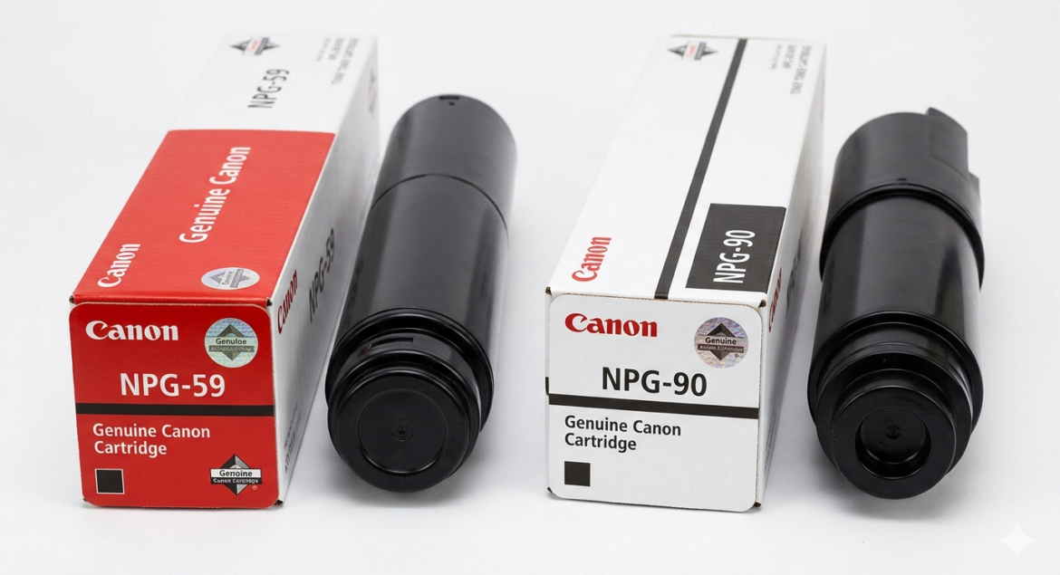 Genuine Canon NPG-59 and NPG-90 toner cartridges shown beside their packaging boxes