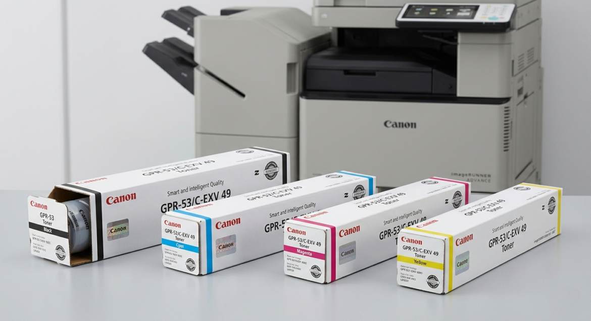 Canon GPR-53/C-EXV 49 toner cartridges in black, cyan, magenta and yellow beside a Canon imageRUNNER ADVANCE printer