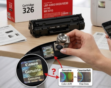 Authentic Canon Cartridge 326 authentication guide with a smartphone, magnifying glass, and holographic label checks.