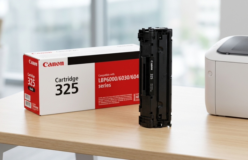 Canon Cartridge 325 black toner box with the cartridge beside a Canon LBP6030 printer on a wooden desk