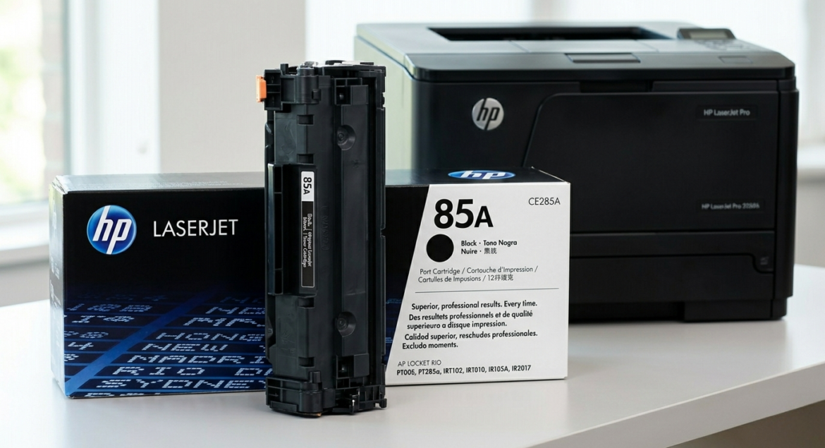 HP LaserJet 85A black toner cartridge with its packaging beside an HP LaserJet Pro printer