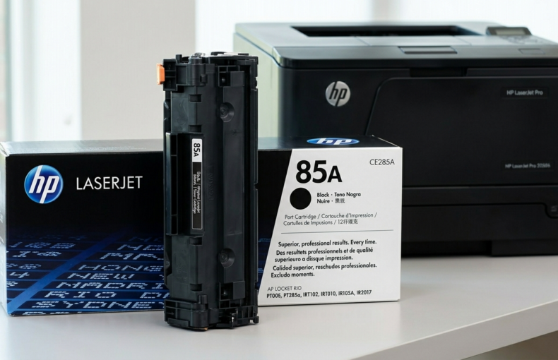 HP LaserJet 85A black toner cartridge with its packaging beside an HP LaserJet Pro printer