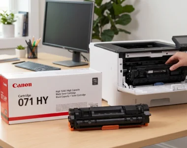 A person installing a black Canon 071 HY high-yield toner cartridge into a white Canon imageCLASS laser printer on a desk.
