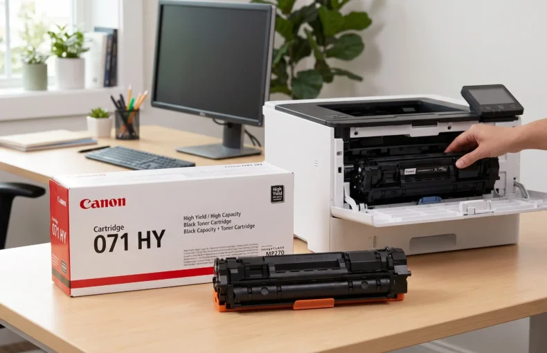 A person installing a black Canon 071 HY high-yield toner cartridge into a white Canon imageCLASS laser printer on a desk.