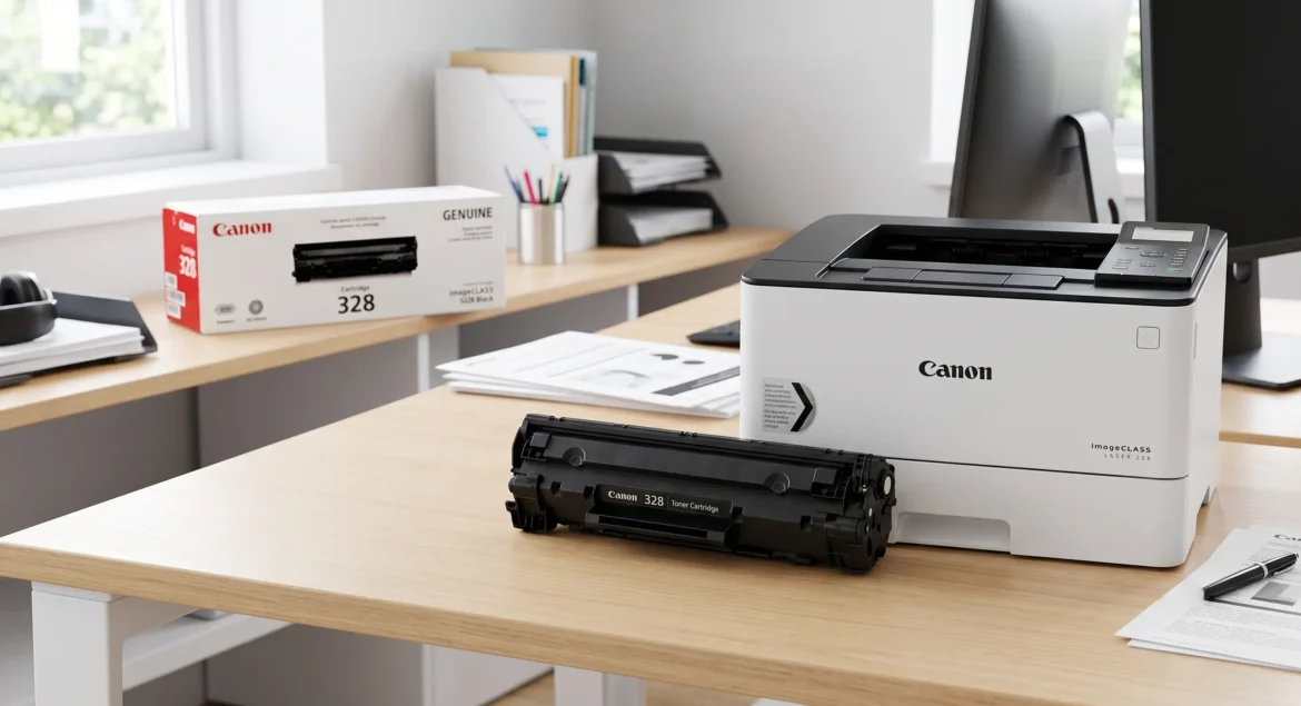 A genuine black Canon 328 toner cartridge sitting on a wooden desk next to a white Canon imageCLASS laser printer.