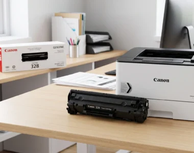 A genuine black Canon 328 toner cartridge sitting on a wooden desk next to a white Canon imageCLASS laser printer.