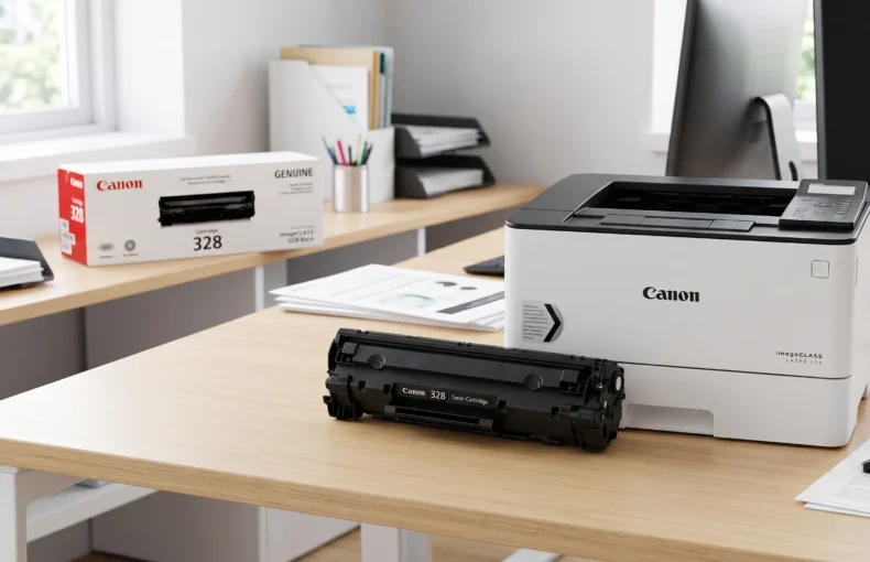 A genuine black Canon 328 toner cartridge sitting on a wooden desk next to a white Canon imageCLASS laser printer.