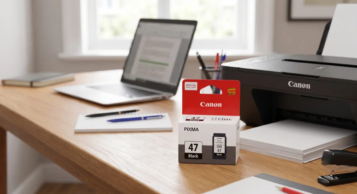 A box of genuine Canon PG-47 black ink cartridge on a desk next to a Canon PIXMA printer and a laptop.