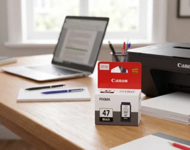 A box of genuine Canon PG-47 black ink cartridge on a desk next to a Canon PIXMA printer and a laptop.