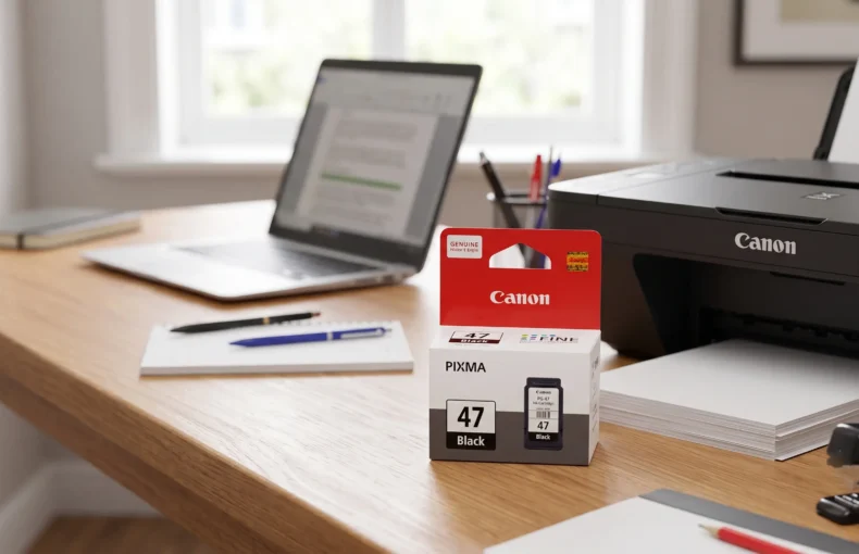 A box of genuine Canon PG-47 black ink cartridge on a desk next to a Canon PIXMA printer and a laptop.