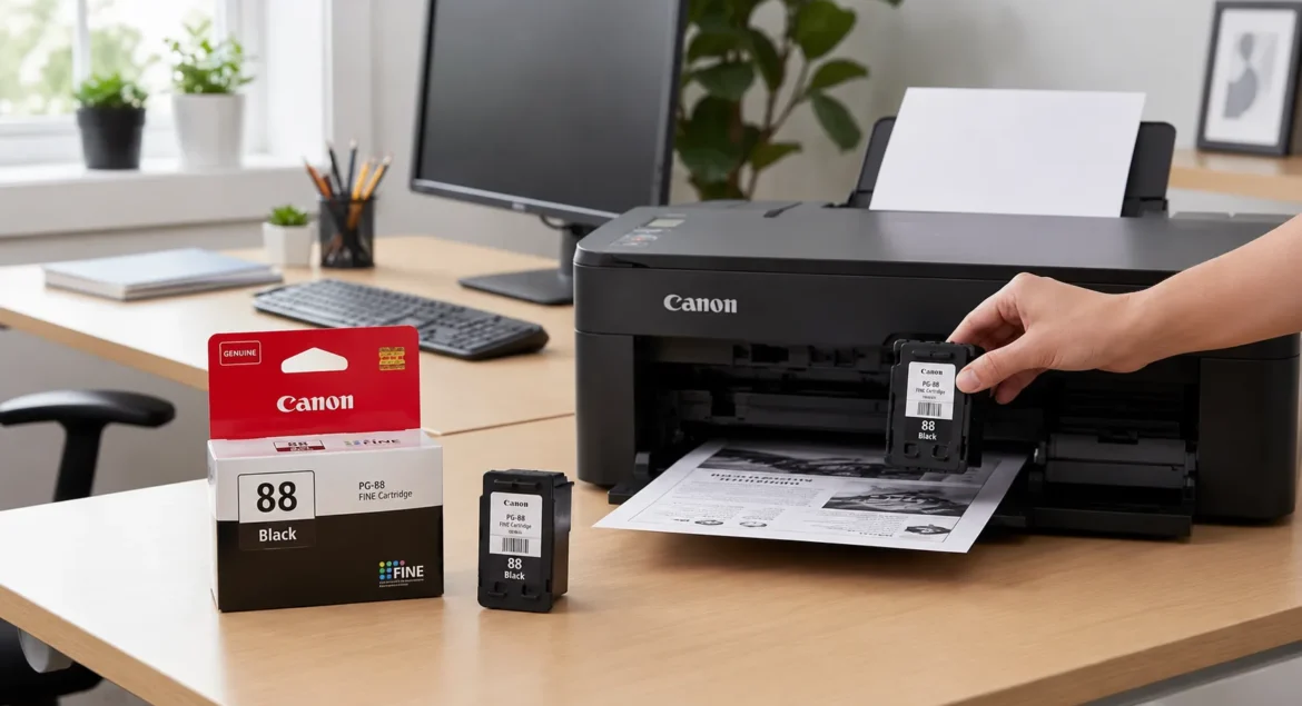 Genuine Canon PG-88 black ink cartridge being installed in a Canon printer