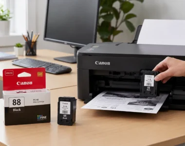 Genuine Canon PG-88 black ink cartridge being installed in a Canon printer