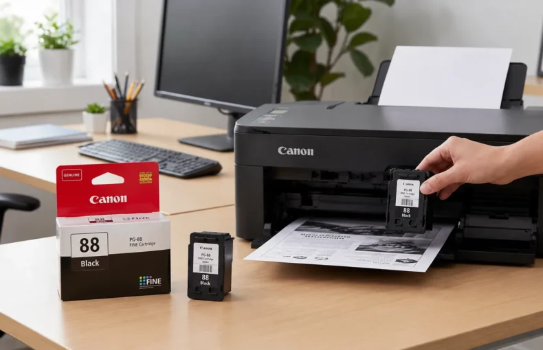 Genuine Canon PG-88 black ink cartridge being installed in a Canon printer