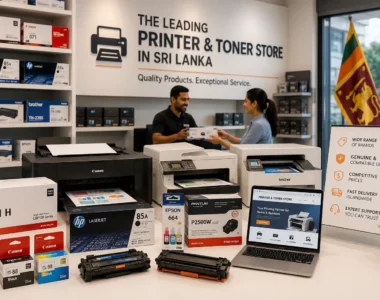 Genuine Canon, HP, and Brother printer toner and ink cartridges displayed in a Sri Lanka store, with staff assisting a customer