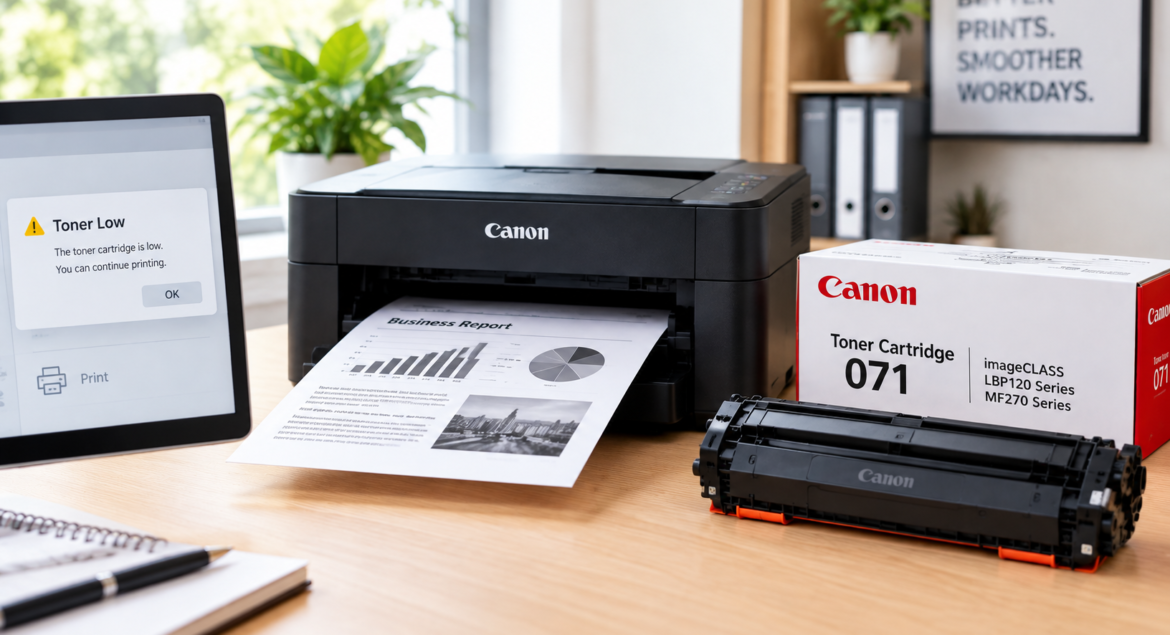 Canon printer with a low toner warning on screen next to a toner cartridge box