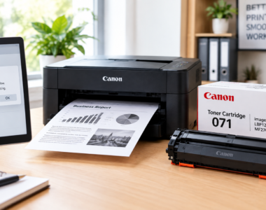 Canon printer with a low toner warning on screen next to a toner cartridge box