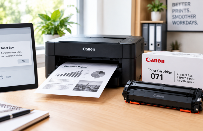 Canon printer with a low toner warning on screen next to a toner cartridge box