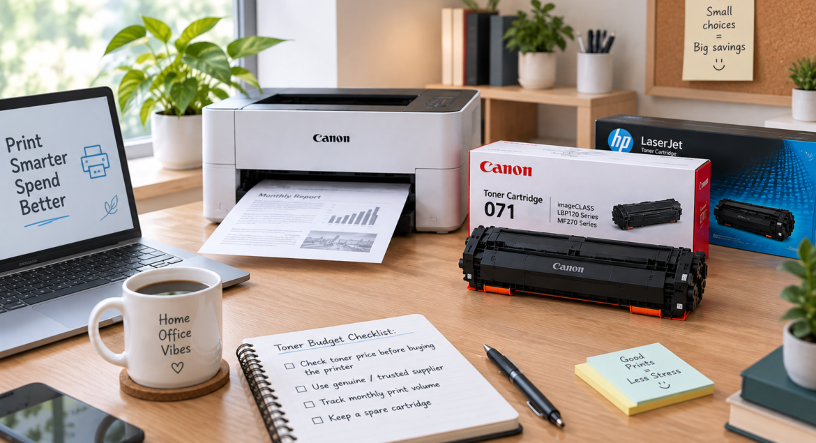 Home office desk with a toner budget checklist notebook next to a printer and toner cartridge boxes