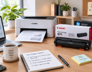 Home office desk with a toner budget checklist notebook next to a printer and toner cartridge boxes