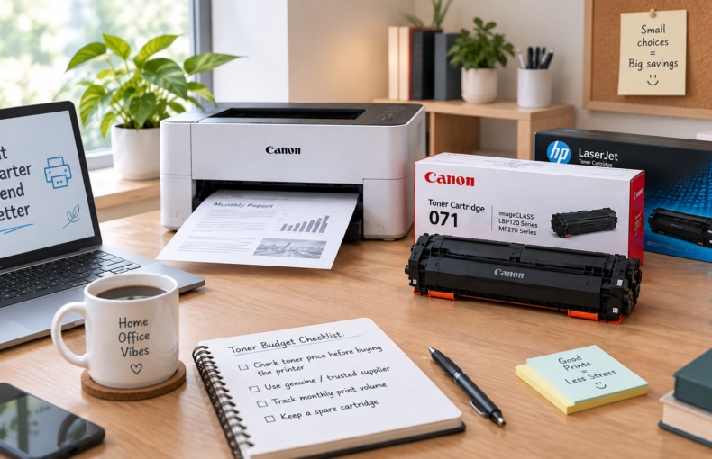 Home office desk with a toner budget checklist notebook next to a printer and toner cartridge boxes