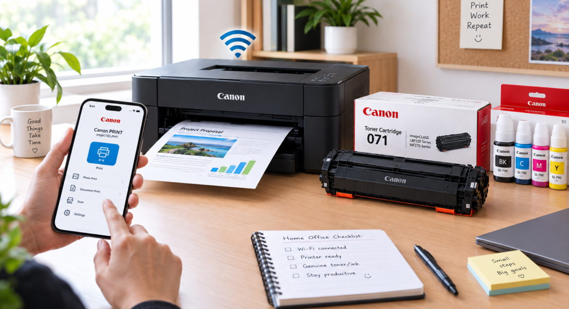 Person wirelessly printing from a phone using a Canon app next to a Canon printer with ink and toner