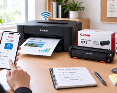 Person wirelessly printing from a phone using a Canon app next to a Canon printer with ink and toner
