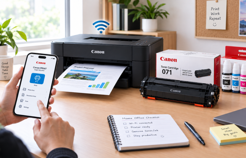 Person wirelessly printing from a phone using a Canon app next to a Canon printer with ink and toner