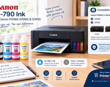Black Canon ink-tank printer printing a landscape photo beside black, cyan, magenta and yellow ink bottles on a desk