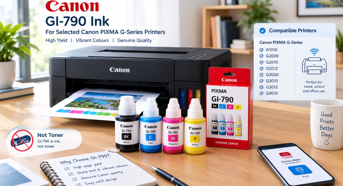 Canon GI-790 ink bottles and a retail box in front of a black ink-tank printer printing a colour photo
