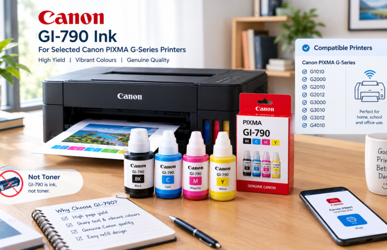 Canon GI-790 ink bottles and a retail box in front of a black ink-tank printer printing a colour photo